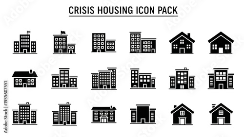 Collection of housing icons representing crisis and emergency shelters in various styles