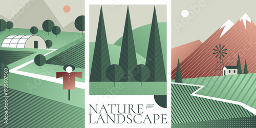 Geometric natural landscape posters set. Vector illustration of green farm field, park on hill with trees and bushes, mountain view with sun and meadow grass, simple countryside scenery banner design