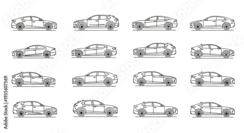 Collection of Car Silhouettes Side View Line Art.