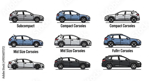 Collection of car types and sizes illustrated.
