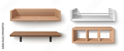 3D wooden bookshelf realistic vector isolated on white background. Empty timber rack for home library display with natural wood texture and modern square frame design.