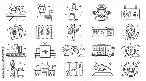 Airport and Aviation Line Icons Set: Flight Travel, Pilot, Luggage, Passport, and Departure Glyphs for UI/UX, Web, and Mobile App Design, Modern Outline Vector Illustration Collection