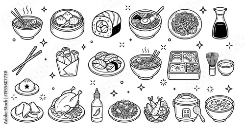 Diverse Asian Food Line Art Icons Collection. Black and White Vector Set of Traditional Oriental Dishes: Ramen, Sushi, Dumplings, Bento Box, Noodles, and More. Perfect for Restaurant Menus, Takeout