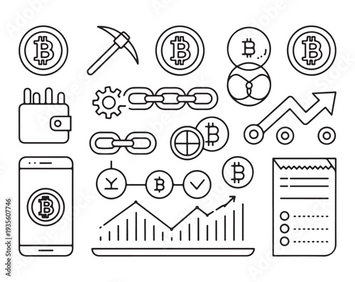 Outline vector icons representing bitcoin, cryptocurrency mining, blockchain, and financial growth