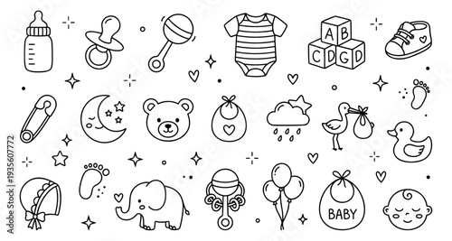 Cute Baby Shower Line Art Icons Set. Minimalist Black and White Doodle Collection of Newborn Essentials like Bottle, Pacifier, Rattle, Stork, and Onesie for Nursery Decor, Invitations, and Branding.