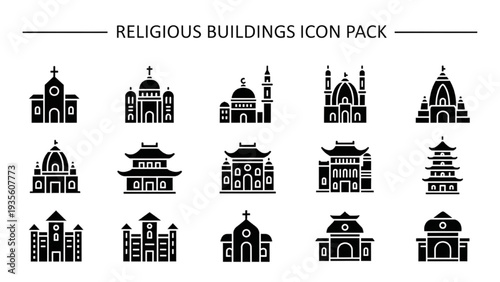 Religious buildings icons collection in various architectural styles worldwide