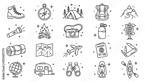 Hand Drawn Travel and Outdoor Adventure Icons Set. Doodle Line Art Symbols for Camping, Hiking, and Vacation, ideal for Web Design, UI/UX, and Marketing Assets.