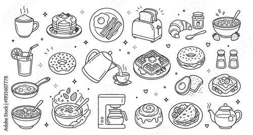 Breakfast and Brunch Food Icons Set - Hand Drawn Line Art Doodle Collection of Delicious Pancakes, Waffles, Eggs, Coffee, and Pastries for Cafe Menu, Web Design, and Healthy Eating Concepts.