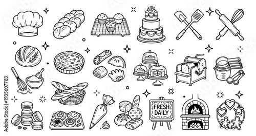 Artisan Bakery and Pastry Doodle Line Art Icon Set. Hand-drawn collection of baking ingredients, fresh bread, sweet desserts, and kitchen tools. Perfect for cafe menus, food blogs, branding