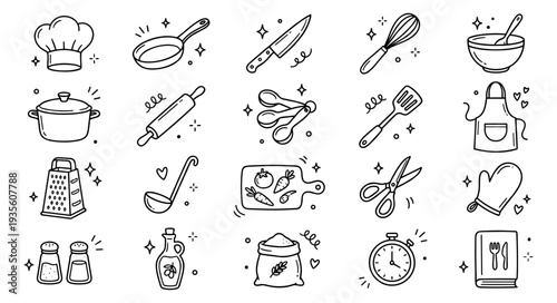 Hand Drawn Kitchen and Cooking Utensils Doodle Line Art Icons Set. Food Preparation Tools Collection for Recipe Blogs, Restaurant Menus, Culinary Websites, and App Design.