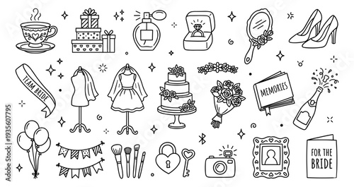 Wedding and Bridal Shower Doodle Icons Set. Hand-drawn Line Art Collection of Bride, Bachelorette Party, Engagement, and Celebration Elements for Invitations, Marketing, Social Media, and Event