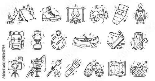Hand Drawn Camping and Outdoor Adventure Icons Set. Doodle Style Line Art Vector Illustrations of Hiking Gear and Travel Elements for Web Design, Infographics, and Mobile Apps.