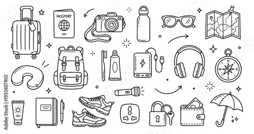 Travel Essentials Doodle Icons. Vacation Packing Line Art. Tourist Gear Vector Set.