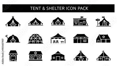 Various Tents and Shelters Illustrated in Simple Black Icons