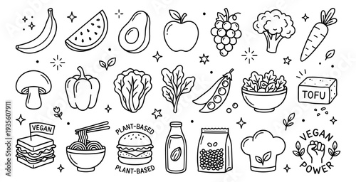 Vegan Plant-Based Food Icons Set: Hand-drawn Line Art Doodles for Healthy Vegetarian Diet and Nutrition.
