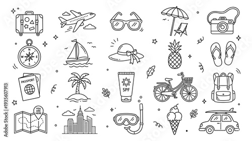 Travel Vacation Holiday Icons Set. Collection of Hand-Drawn Line Art Elements for Summer Adventure and Tourism Planning, Ideal for Web, Mobile Apps, Marketing, and Digital Templates.