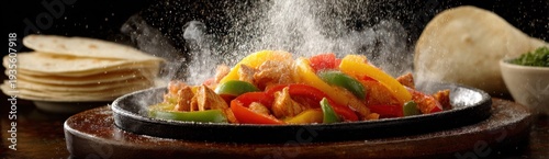 Sizzling seasoned meat and peppers mixture served hot on a cast iron platter with flour flatbreads nearby