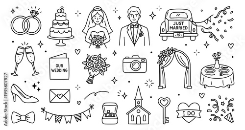 Wedding Doodle Icons Set with Hand Drawn Bride, Groom, Rings, Cake, and Celebration Elements. Cute Line Art for Marriage Invitations, Engagement Announcements, and Romantic Event Design.