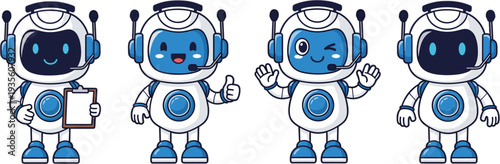 Cute Robot Mascot Character Set with Headphones Showing Different Gestures for AI Assistant Technology Cartoon Vector Illustration