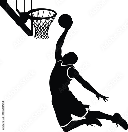 Silhouette of basketball player performing powerful slam dunk in mid air, dynamic sports action illustration isolated on white background, athletic competition concept