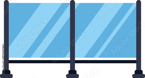 Glass railing separating space with metal posts for safety