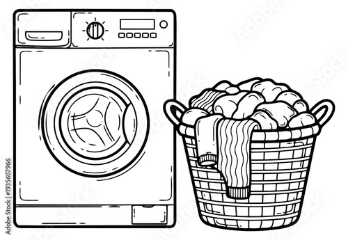 Hand drawn line art laundry set featuring a washing machine and a full clothes basket for household chores