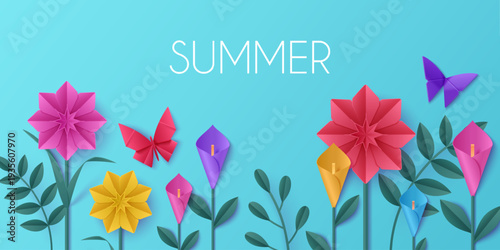 3D spring paper flower vector background. Blooming origami meadow with green grass and butterflies, cheerful papercut border for seasonal designs, summer cute garden landscape, floral backdrop