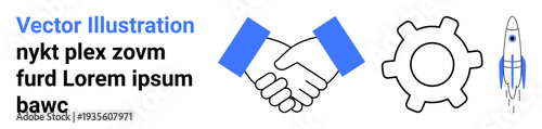 Collaboration, business growth, technology innovation, teamwork, startup success, efficiency. Handshake with gear and rocket art elements. Collaboration and business growth concept
