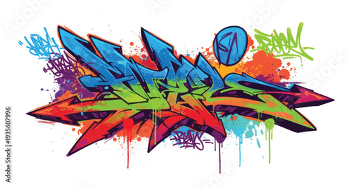 Colorful abstract graffiti mural with dynamic spray paint lettering.