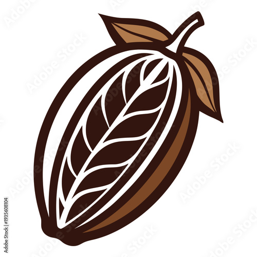 Stylized cacao pod presents brown, white, and tan hues in a clean image