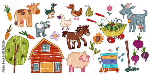 Cute farm animals and objects isolated on white background. Vector cartoon illustration of child hand drawn dog, cow, sheep, goat and duck, fruit and vegetable harvest, barn and wooden beehive
