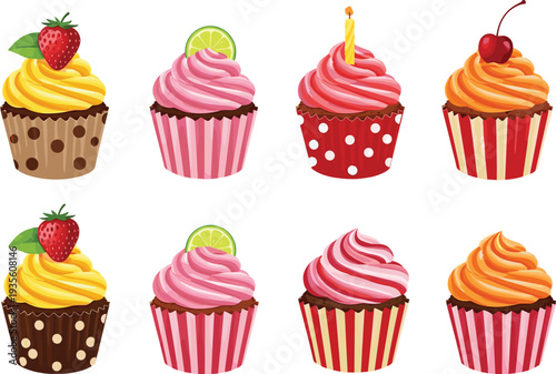 Colorful Cupcake Collection with Strawberry, Cherry, Lime and Candle Toppings Sweet Bakery Dessert Vector Illustration Set