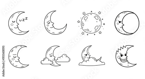Collection of cartoon moon phases with faces and expressions.