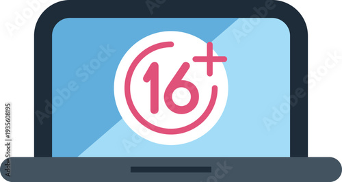 Laptop displaying 16 plus age restriction symbol on screen