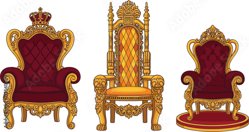 Royal Throne Chair Collection with Golden Ornate Design and Red Velvet Luxury Furniture for King Palace Vector Illustration Set