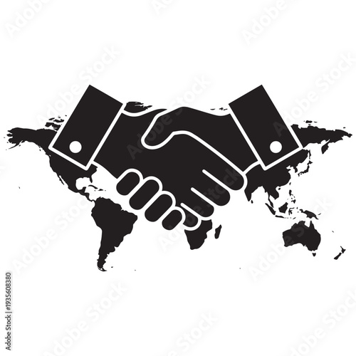 Global Cooperation Handshake Over World Map Outline For International Partnership And Diplomacy — Black Solid Vector For Worldwide Collaboration And Peace