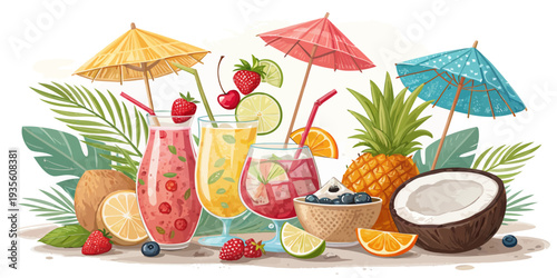 Vibrant tropical cocktails with fresh fruit and colorful umbrellas on sandy beach