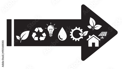 Sustainability Roadmap Arrow Infographic With Strategy Icons And Milestones — Black Solid Vector For Corporate ESG Planning And Environmental Goals