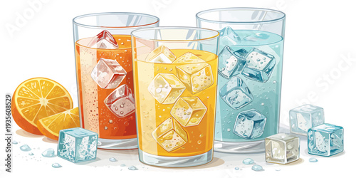 Refreshing summer drinks with ice cubes and citrus fruits