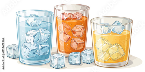 Refreshing glasses of cold drinks with ice cubes on table