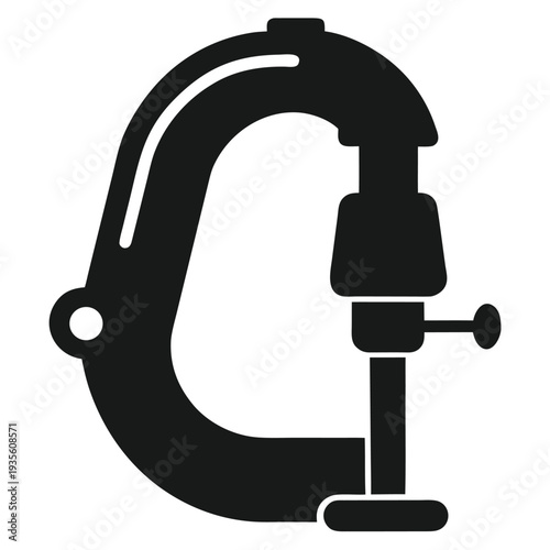Black monochrome drawing of a c clamp tool showing a side view on white
