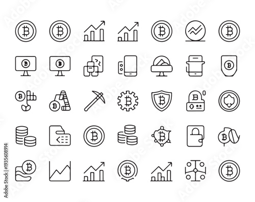 Collection of bitcoin and finance icons illustrating cryptocurrency trading and digital currency management