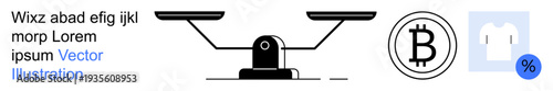 Financial decisions, cryptocurrency trade, e-commerce, sales promotions, fairness, balance. A scale, Bitcoin symbol and discount icon. Financial decisions and cryptocurrency trade