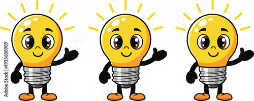 Cute yellow lightbulb cartoon mascot character with glowing rays and a friendly smile for creative ideas innovation and vector illustration
