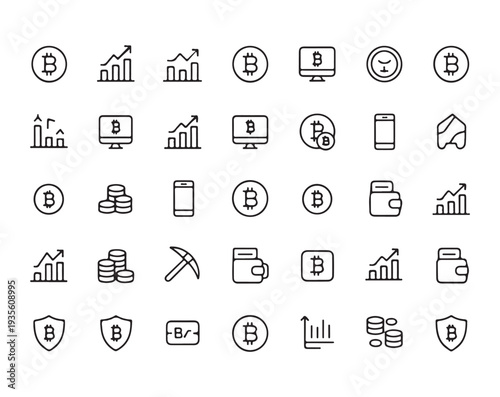 Modern line icons for bitcoin finance and investment representing cryptocurrency and market trends