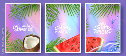 Summer poster design with tropical sea beach, watermelon slices, and green palm leaves. Vector backgrounds with sunny vacation vibes. Holiday banners or travel cards, seasonal greeting templates