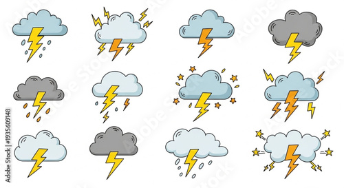 Collection of cartoon storm clouds with lightning and rain icons.