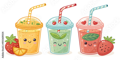 Colorful smoothie drinks with straws and fruits