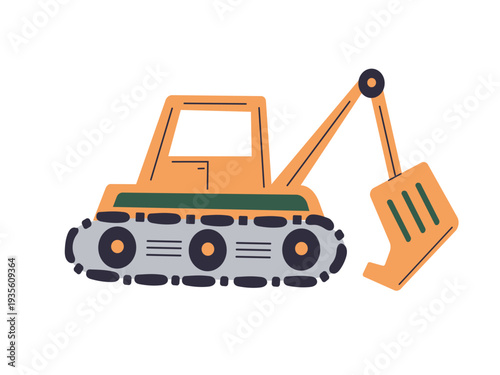 Yellow crawler excavator heavy construction machinery, isolated on white. Industrial vehicle for nursery wall art, kids apparel, and construction theme designs.