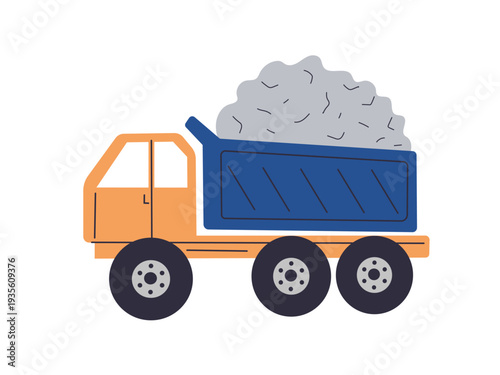 Illustration of a yellow and blue dump truck carrying sand or gravel. Modern print for nursery wall art, kids apparel, and transport theme designs.
